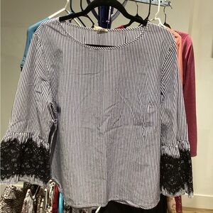 Messini Striped Blue and White Women's Top with Lace Sleeves